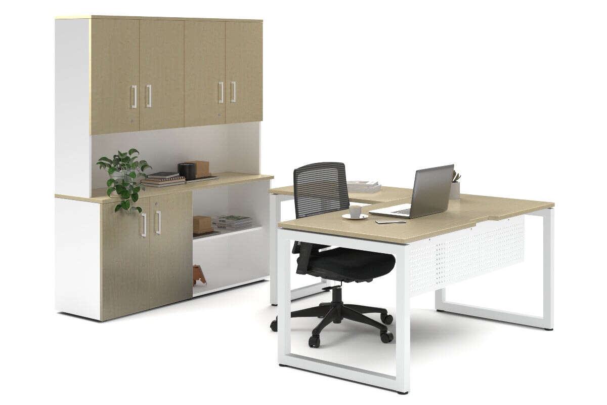 Quadro Loop Legs L-Shaped Executive Setting - White Legs [1600L x 1700W]-maple uniform 2 door + open bookcase closed hutch
