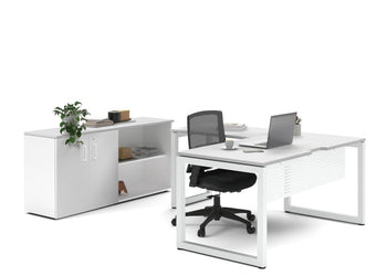 Quadro Loop Legs L-Shaped Executive Setting - White Legs [1600L x 1800W with Cable Scallop] Jasonl white uniform 2 door + open bookcase none