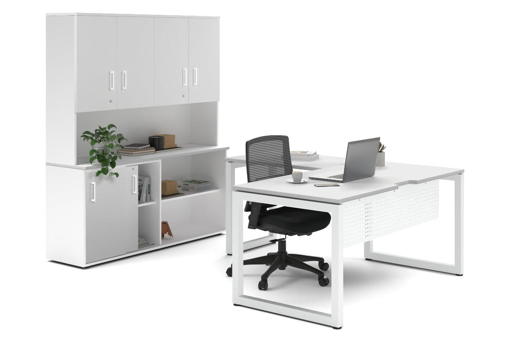 Quadro Loop Legs L-Shaped Executive Setting - White Legs [1600L x 1800W with Cable Scallop]-white sliding 2 door + open bookcase closed hutch