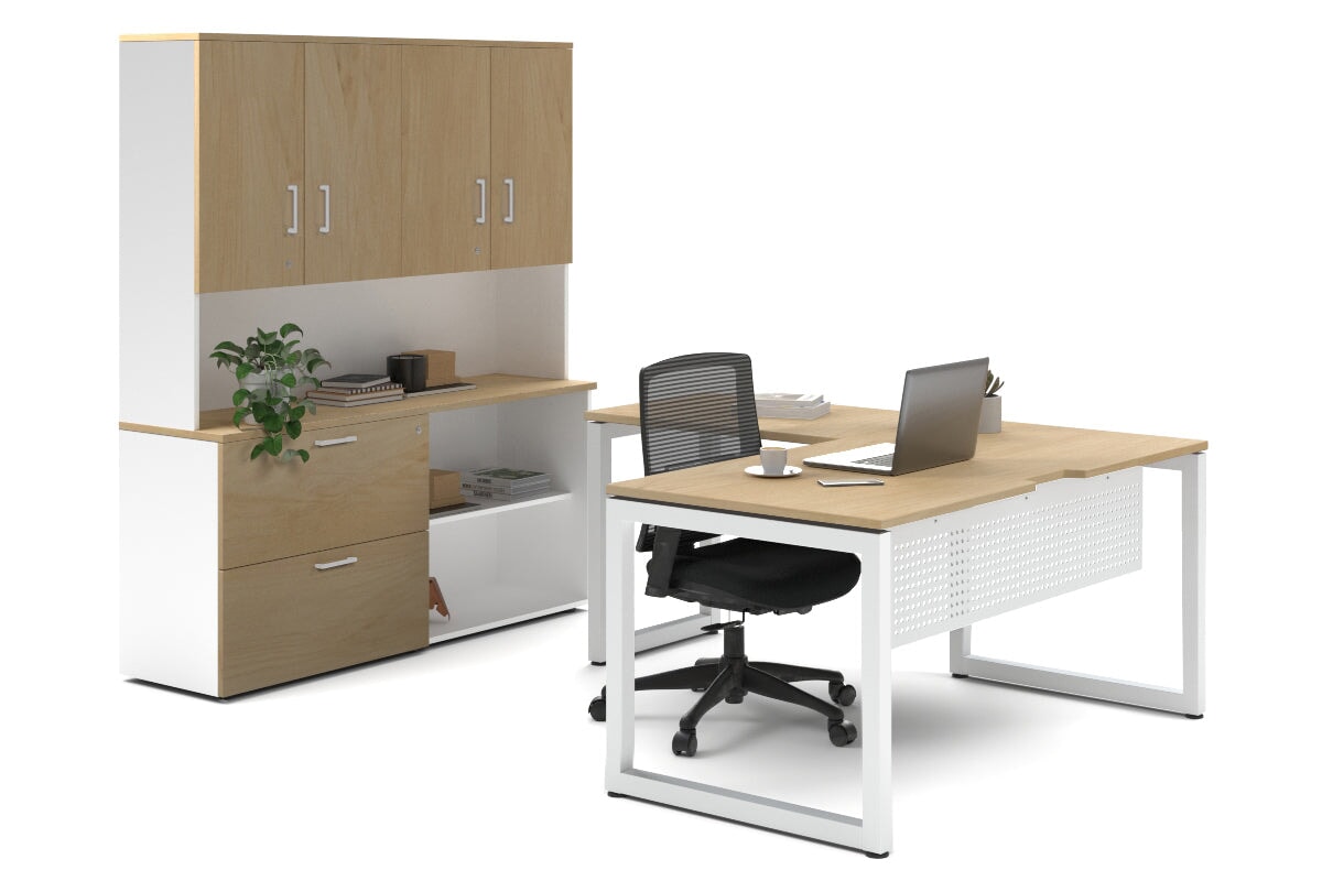 Quadro Loop Legs L-Shaped Executive Setting - White Legs [1800L x 1700W]-maple lateral 2 drawer + open bookcase closed hutch