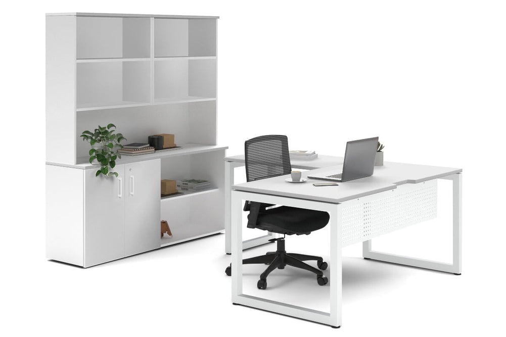 Quadro Loop Legs L-Shaped Executive Setting - White Legs [1600L x 1800W with Cable Scallop]-white uniform 2 door + open bookcase open hutch
