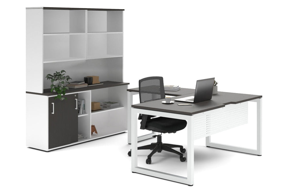 Quadro Loop Legs L-Shaped Executive Setting - White Legs [1600L x 1800W with Cable Scallop]-dark oak sliding 2 door + open bookcase open hutch