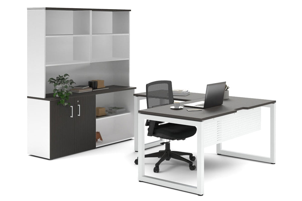 Quadro Loop Legs L-Shaped Executive Setting - White Legs [1600L x 1800W with Cable Scallop]-dark oak uniform 2 door + open bookcase open hutch