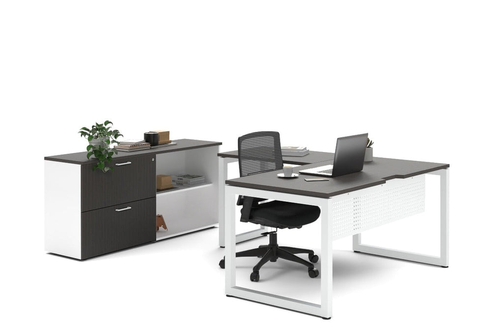 Quadro Loop Legs L-Shaped Executive Setting - White Legs [1600L x 1800W with Cable Scallop]-dark oak lateral 2 drawer + open bookcase none