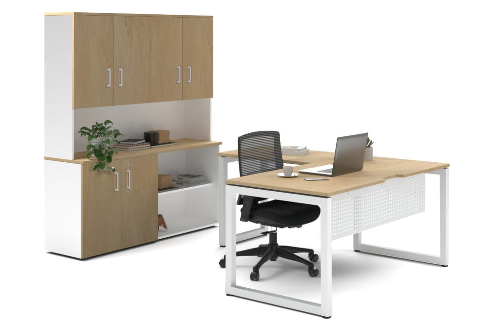 Quadro Loop Legs L-Shaped Executive Setting - White Legs [1600L x 1800W with Cable Scallop]-maple uniform 2 door + open bookcase closed hutch