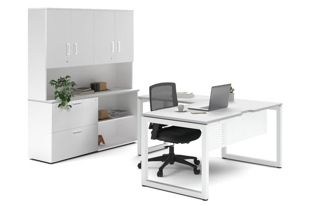 Quadro Loop Legs L-Shaped Executive Setting - White Legs [1800L x 1700W]-white lateral 2 drawer + open bookcase closed hutch