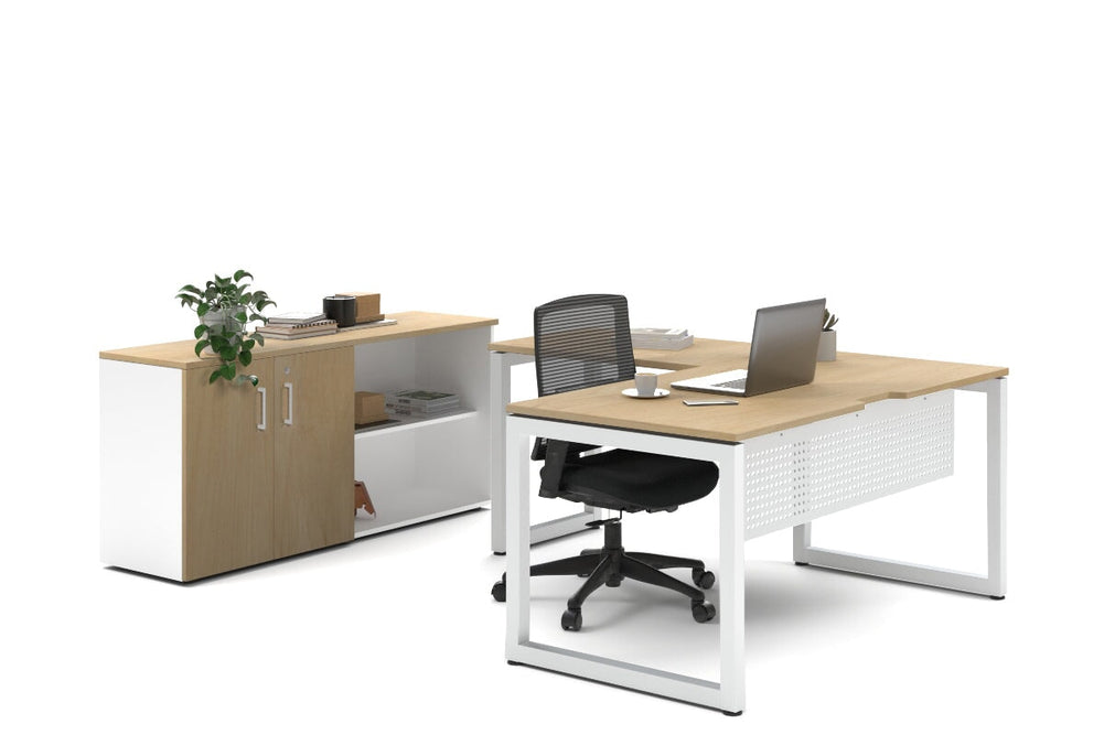Quadro Loop Legs L-Shaped Executive Setting - White Legs [1600L x 1800W with Cable Scallop]-maple uniform 2 door + open bookcase none