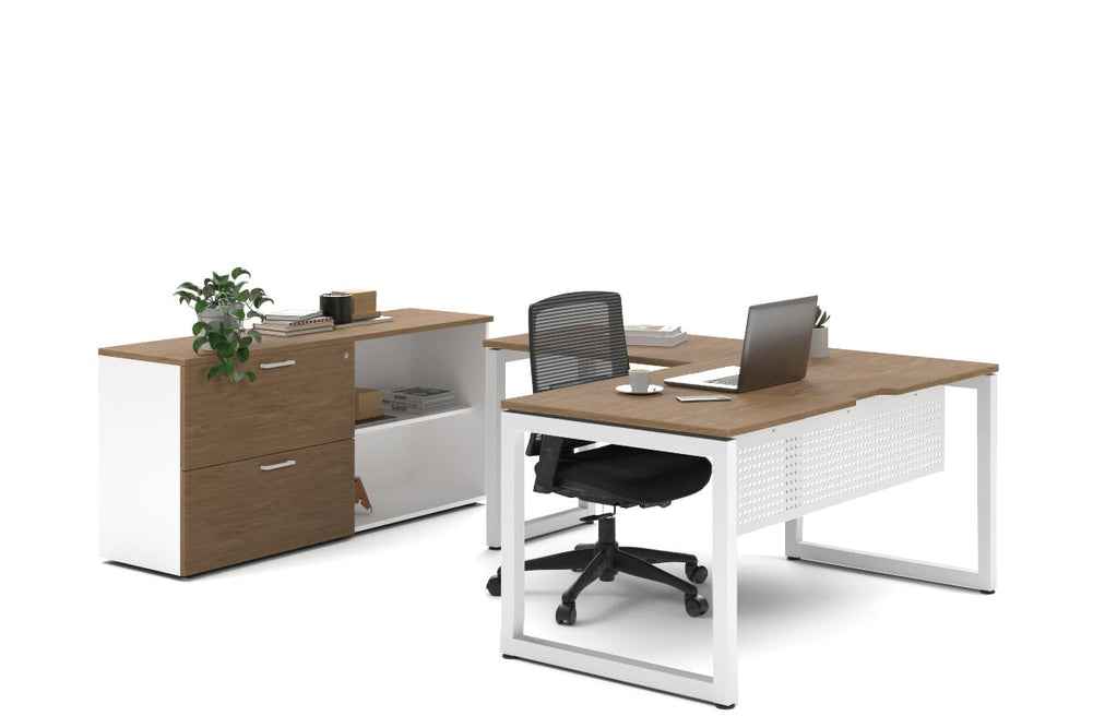 Quadro Loop Legs L-Shaped Executive Setting - White Legs [1600L x 1800W with Cable Scallop]-salvage oak lateral 2 drawer + open bookcase none