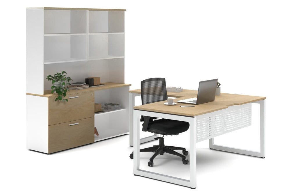 Quadro Loop Legs L-Shaped Executive Setting - White Legs [1600L x 1800W with Cable Scallop]-maple lateral 2 drawer + open bookcase open hutch