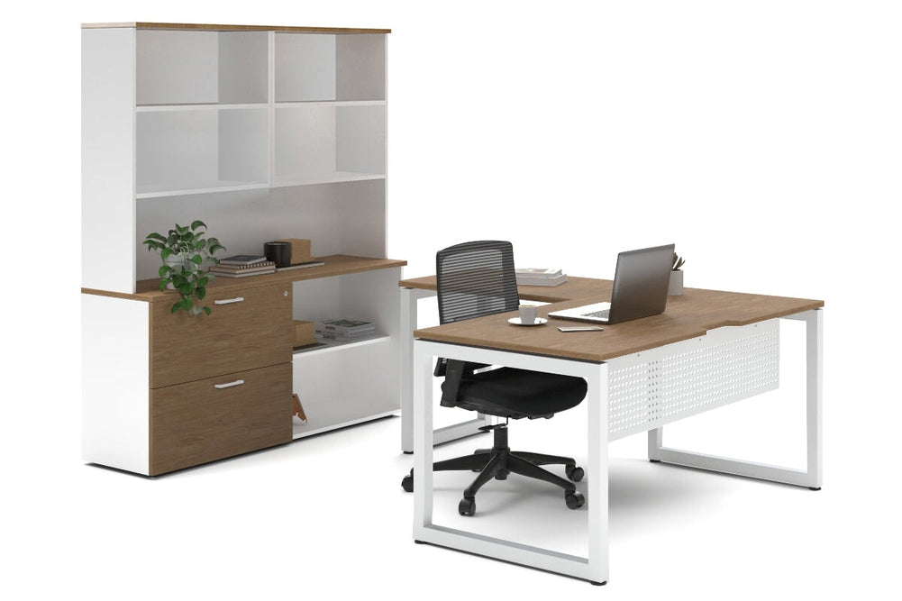 Quadro Loop Legs L-Shaped Executive Setting - White Legs [1600L x 1800W with Cable Scallop]-salvage oak lateral 2 drawer + open bookcase open hutch