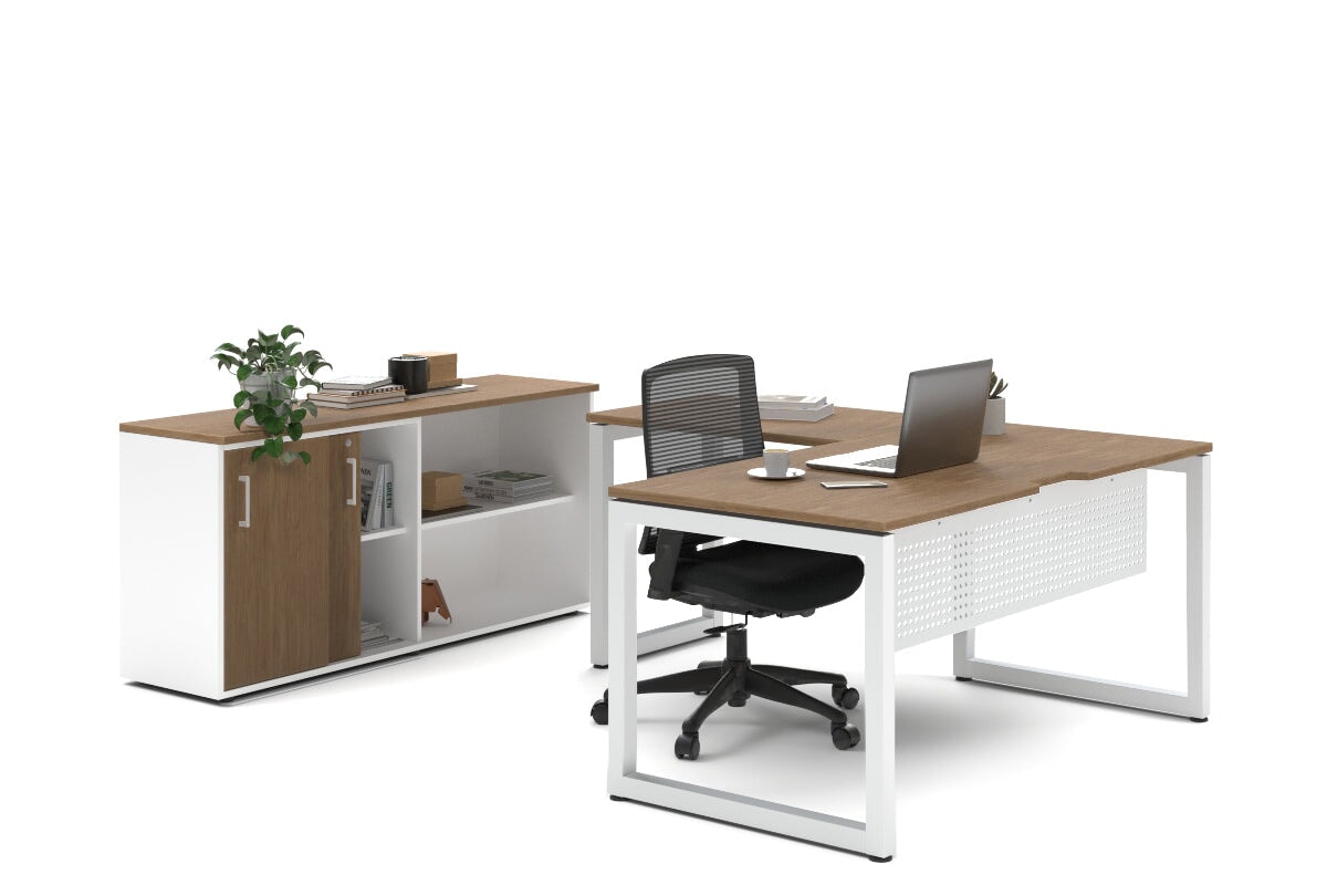 Quadro Loop Legs L-Shaped Executive Setting - White Legs [1800L x 1700W]-salvage oak sliding 2 door + open bookcase none