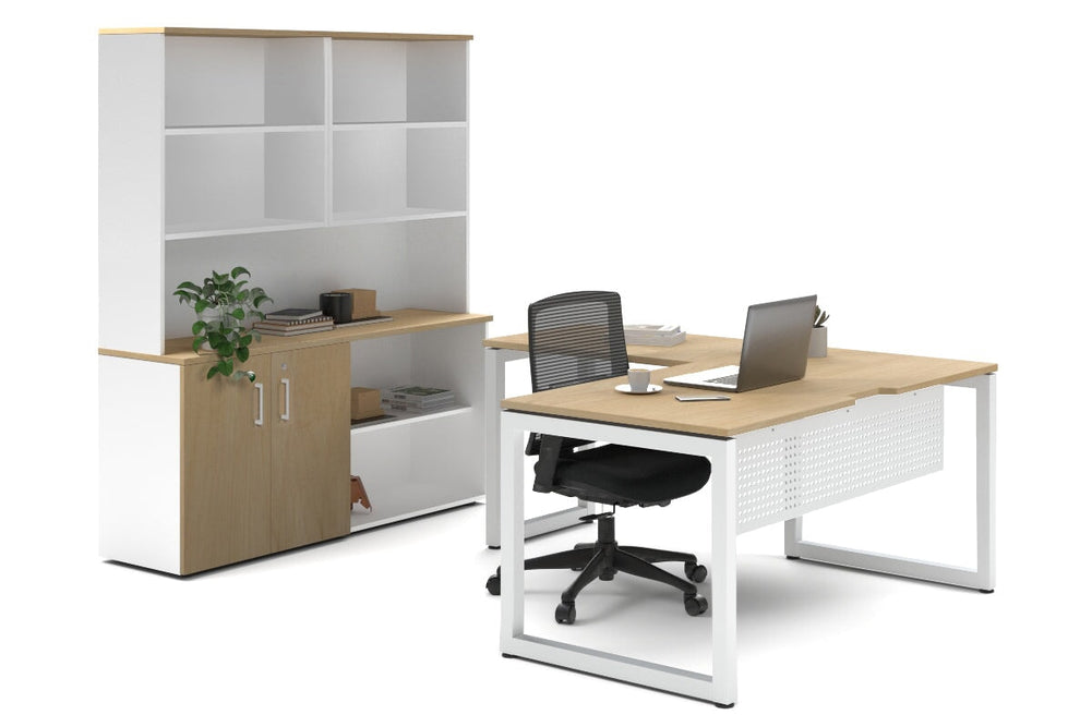 Quadro Loop Legs L-Shaped Executive Setting - White Legs [1600L x 1800W with Cable Scallop]-maple uniform 2 door + open bookcase open hutch