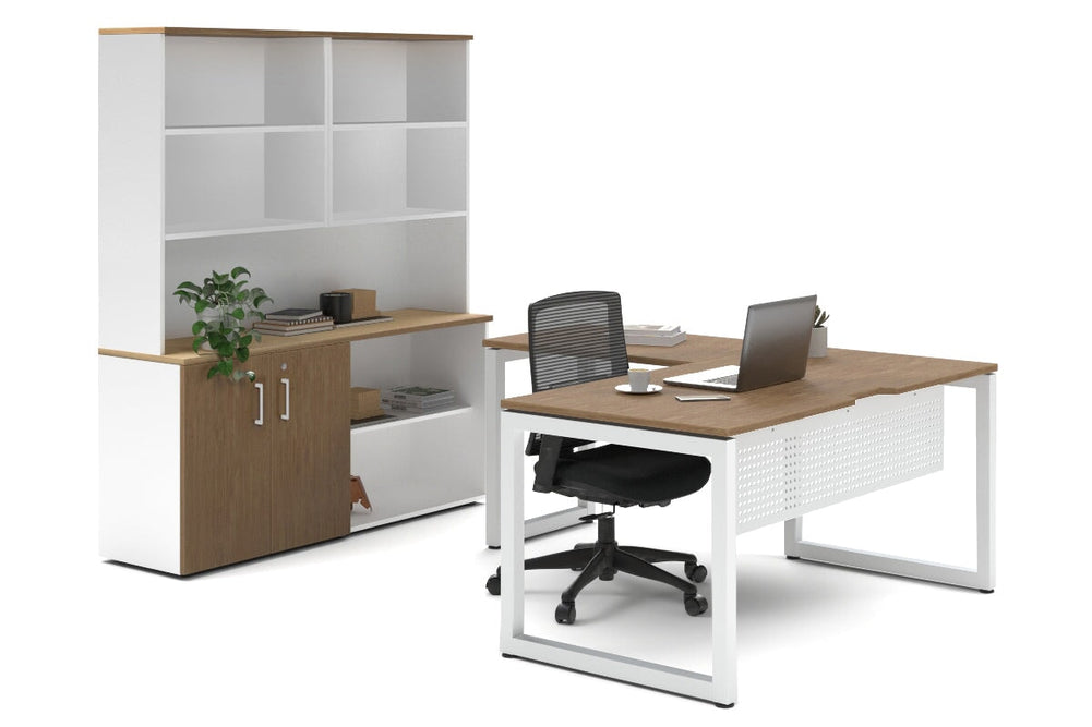 Quadro Loop Legs L-Shaped Executive Setting - White Legs [1600L x 1800W with Cable Scallop]-salvage oak uniform 2 door + open bookcase open hutch