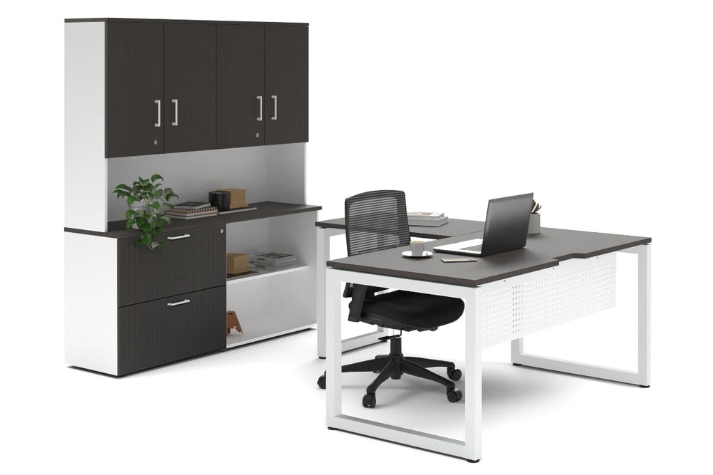 Quadro Loop Legs L-Shaped Executive Setting - White Legs [1800L x 1700W]-dark oak lateral 2 drawer + open bookcase closed hutch