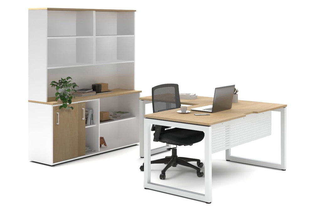 Quadro Loop Legs L-Shaped Executive Setting - White Legs [1600L x 1800W with Cable Scallop]-maple sliding 2 door + open bookcase open hutch
