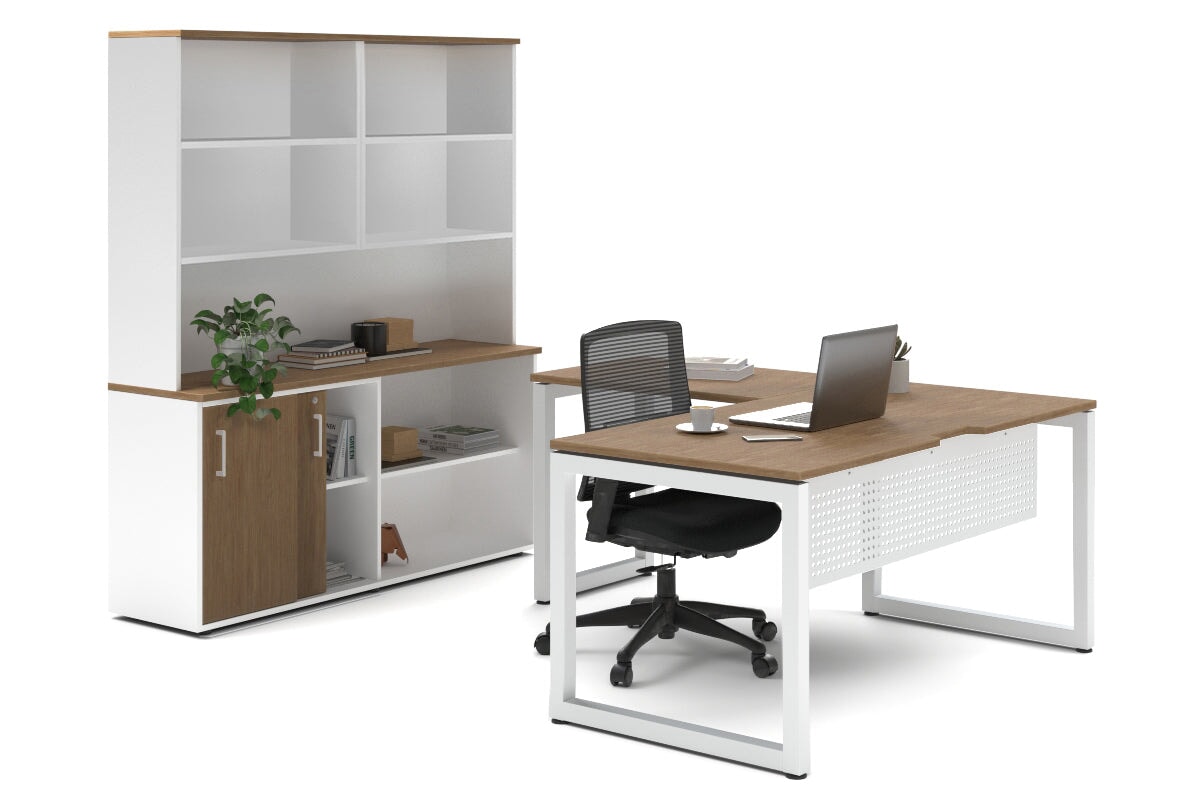 Quadro Loop Legs L-Shaped Executive Setting - White Legs [1800L x 1700W]-salvage oak sliding 2 door + open bookcase open hutch