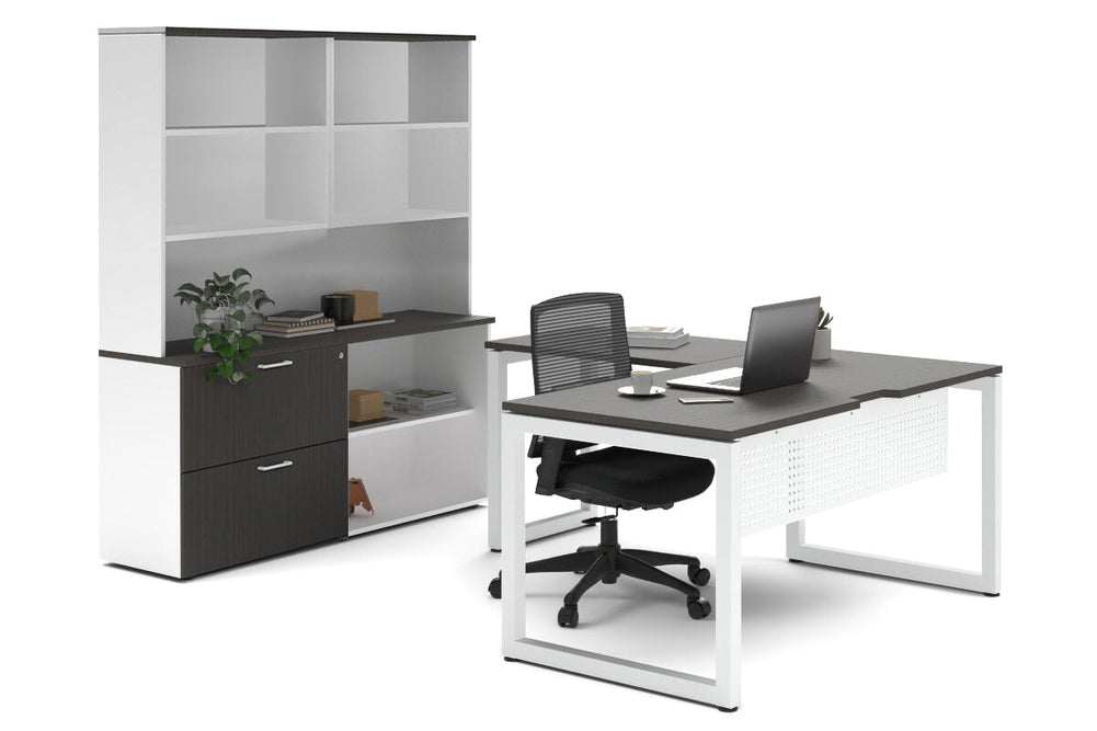 Quadro Loop Legs L-Shaped Executive Setting - White Legs [1800L x 1800W with Cable Scallop]-dark oak lateral 2 drawer + open bookcase open hutch