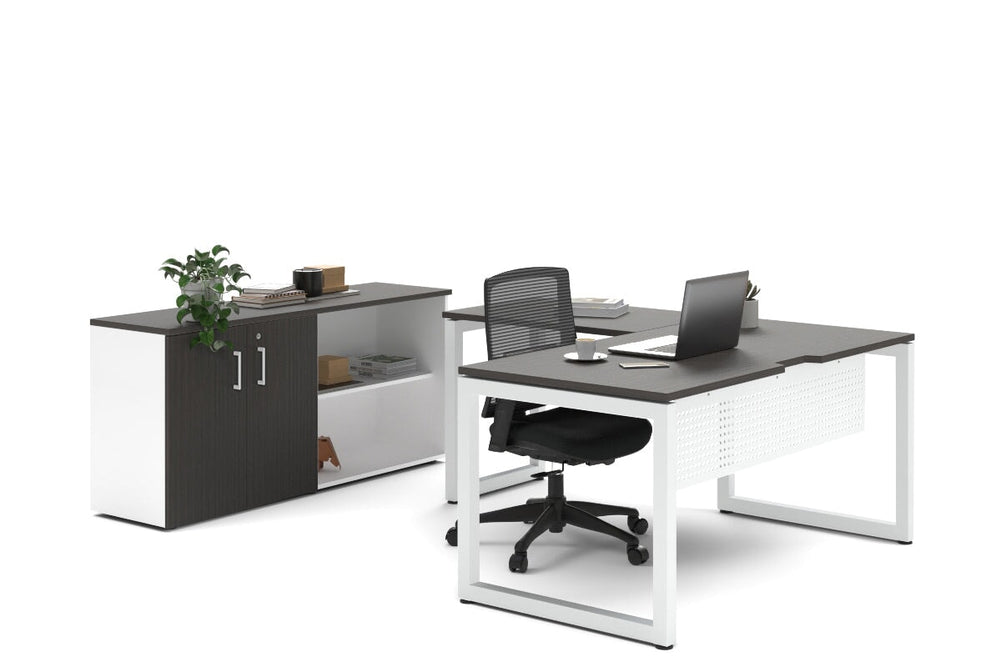 Quadro Loop Legs L-Shaped Executive Setting - White Legs [1800L x 1800W with Cable Scallop]-dark oak uniform 2 door + open bookcase none