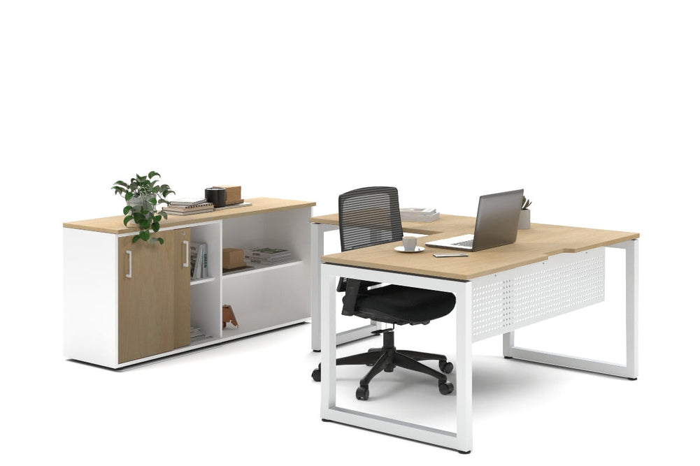 Quadro Loop Legs L-Shaped Executive Setting - White Legs [1600L x 1800W with Cable Scallop]-maple sliding 2 door + open bookcase none