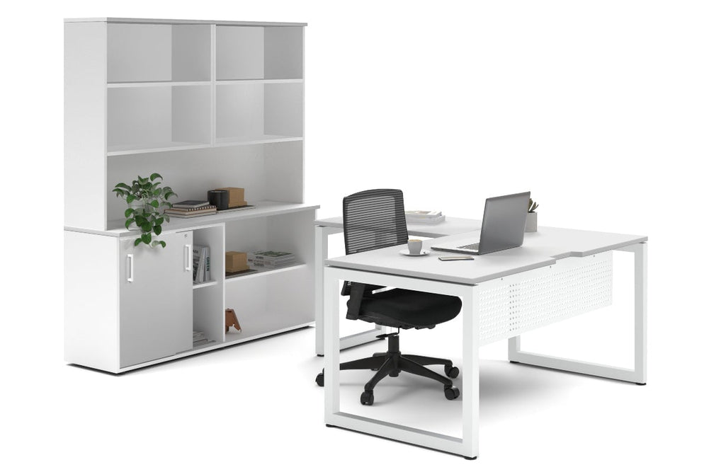 Quadro Loop Legs L-Shaped Executive Setting - White Legs [1800L x 1800W with Cable Scallop]-white sliding 2 door + open bookcase open hutch