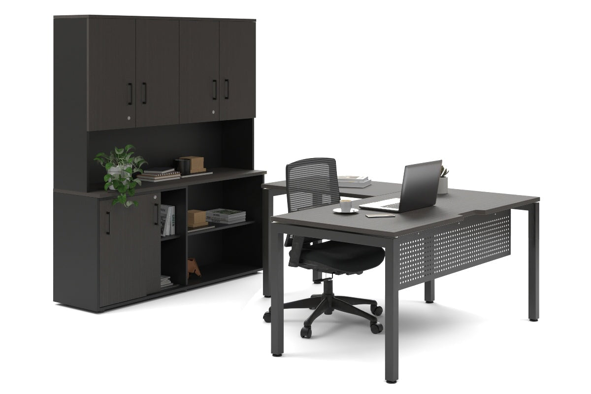 Quadro Square Legs L-Shaped Executive Setting - Black Legs [1600L x 1700W] Jasonl dark oak sliding 2 door + open bookcase closed hutch