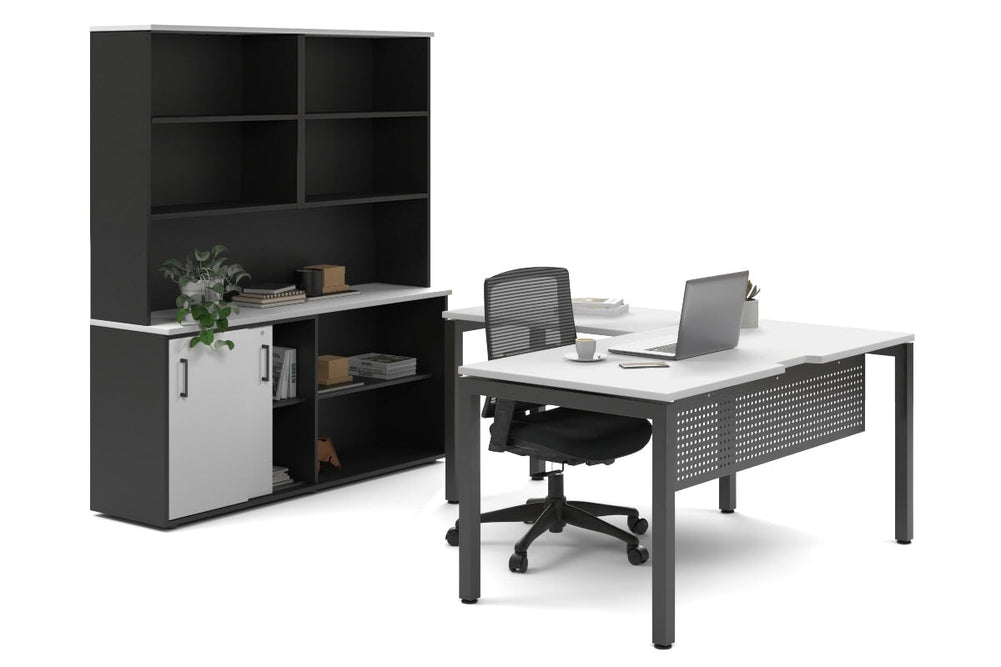 Quadro Square Legs L-Shaped Executive Setting - Black Legs [1600L x 1700W]-white sliding 2 door + open bookcase open hutch