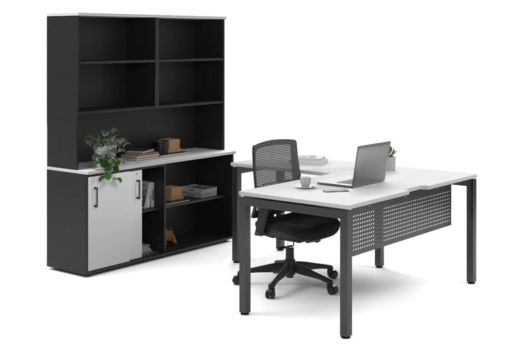Quadro Square Legs L-Shaped Executive Setting - Black Legs [1600L x 1700W] Jasonl white sliding 2 door + open bookcase open hutch