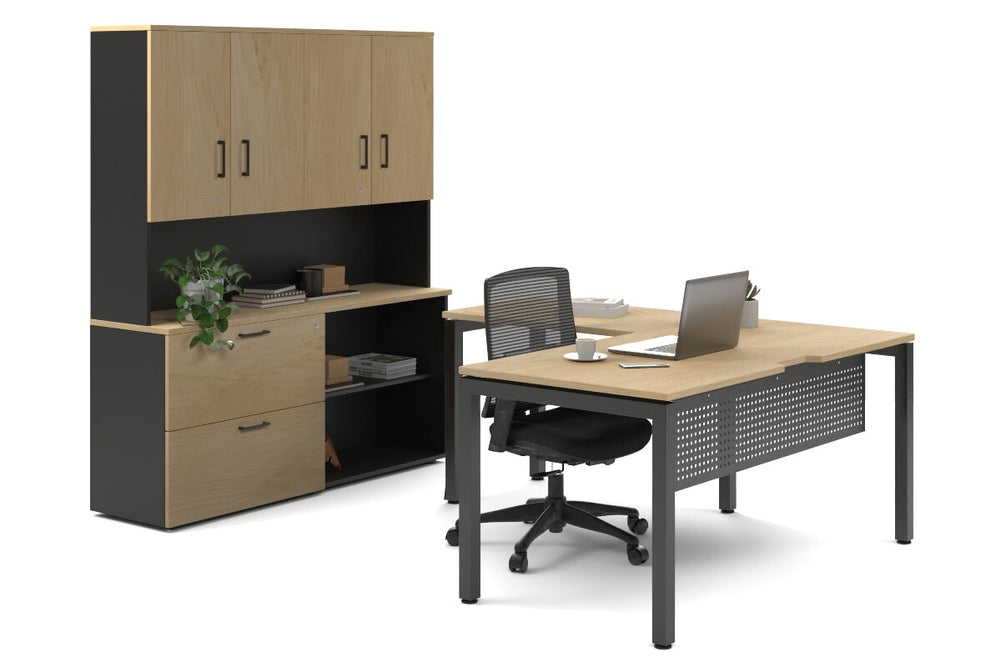 Quadro Square Legs L-Shaped Executive Setting - Black Legs [1600L x 1700W]-maple lateral 2 drawer + open bookcase closed hutch