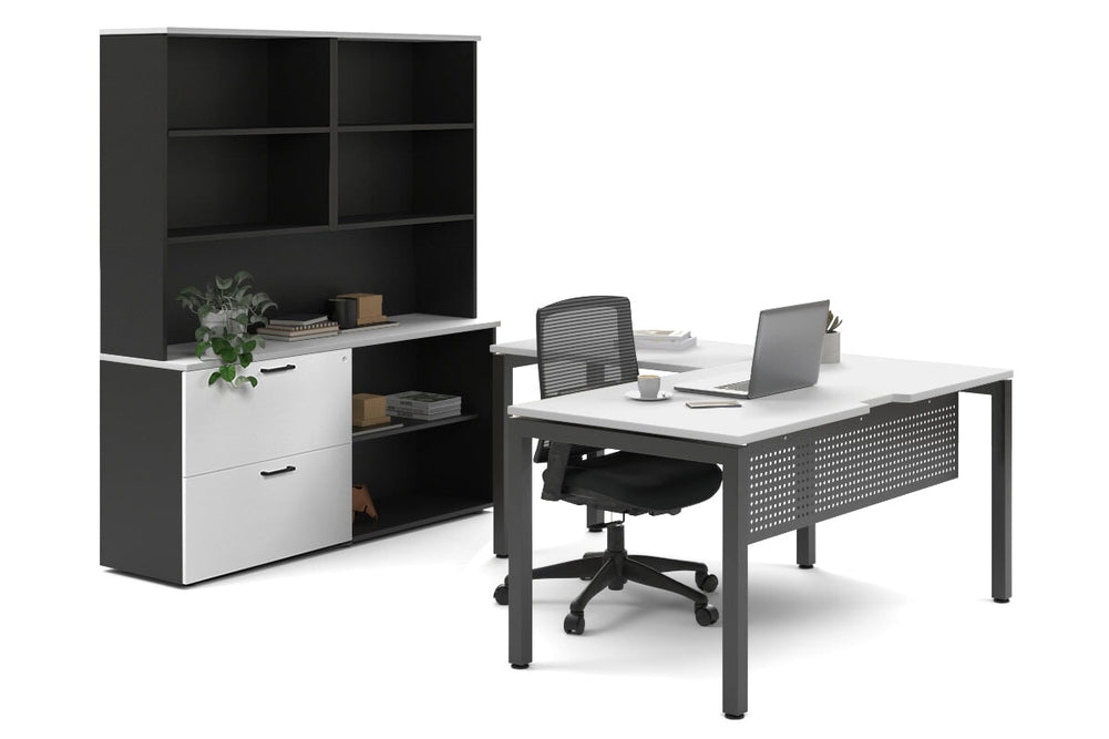 Quadro Square Legs L-Shaped Executive Setting - Black Legs [1600L x 1700W]-white lateral 2 drawer + open bookcase open hutch