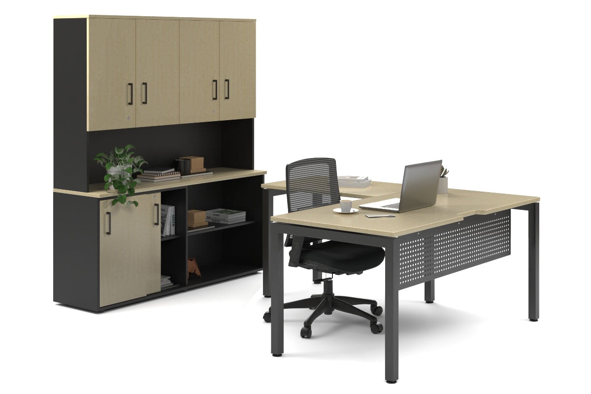 Quadro Square Legs L-Shaped Executive Setting - Black Legs [1600L x 1700W] Jasonl maple sliding 2 door + open bookcase closed hutch