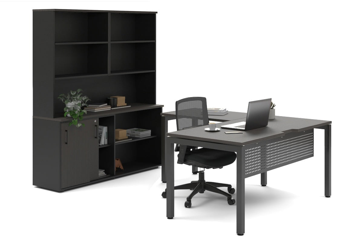 Quadro Square Legs L-Shaped Executive Setting - Black Legs [1600L x 1700W] Jasonl dark oak sliding 2 door + open bookcase open hutch