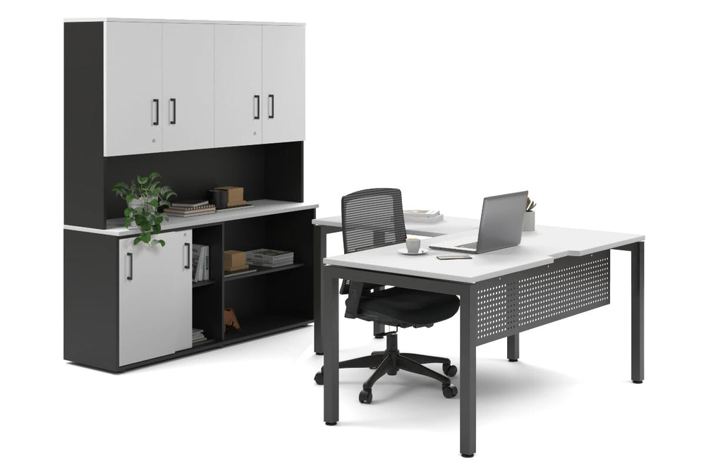 Quadro Square Legs L-Shaped Executive Setting - Black Legs [1600L x 1800W with Cable Scallop]-white sliding 2 door + open bookcase closed hutch