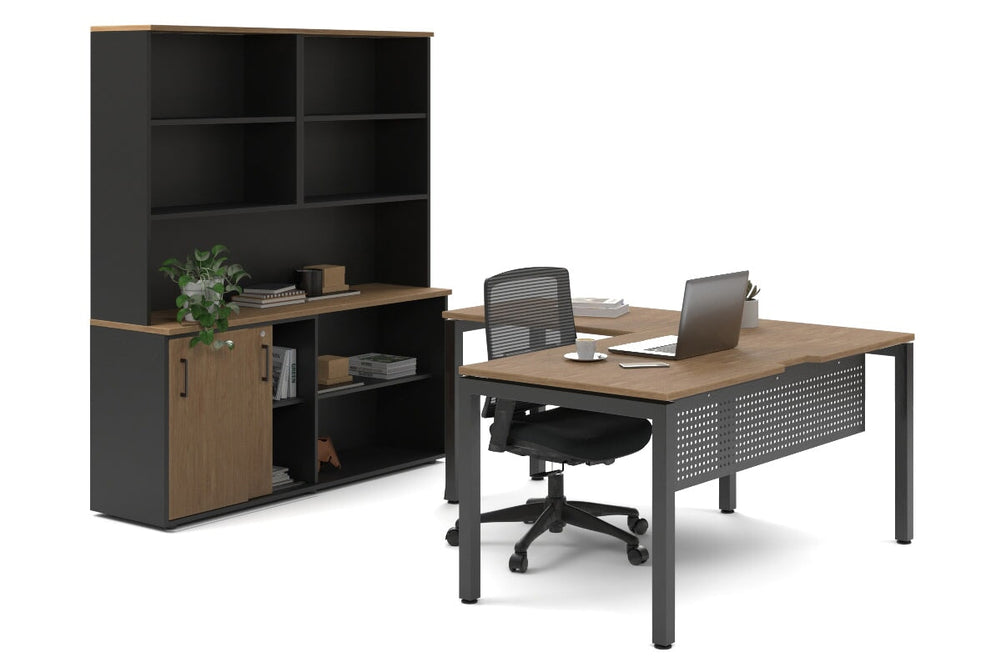 Quadro Square Legs L-Shaped Executive Setting - Black Legs [1600L x 1700W]-salvage oak sliding 2 door + open bookcase open hutch