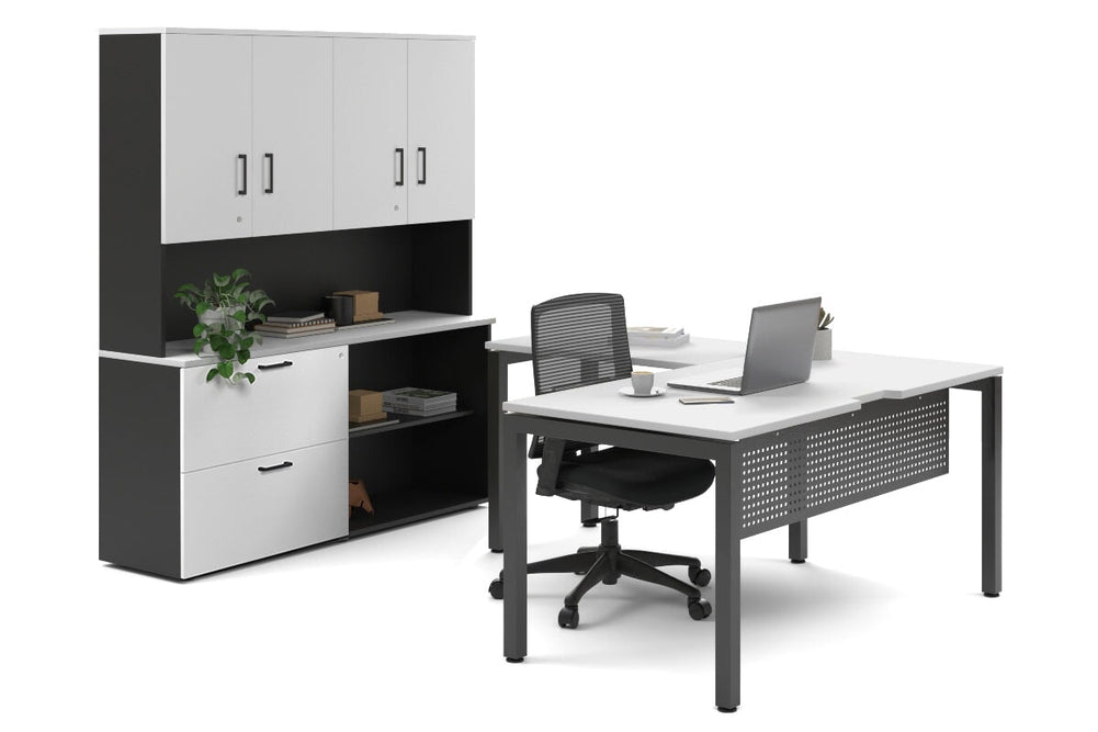 Quadro Square Legs L-Shaped Executive Setting - Black Legs [1600L x 1800W with Cable Scallop]-white lateral 2 drawer + open bookcase closed hutch