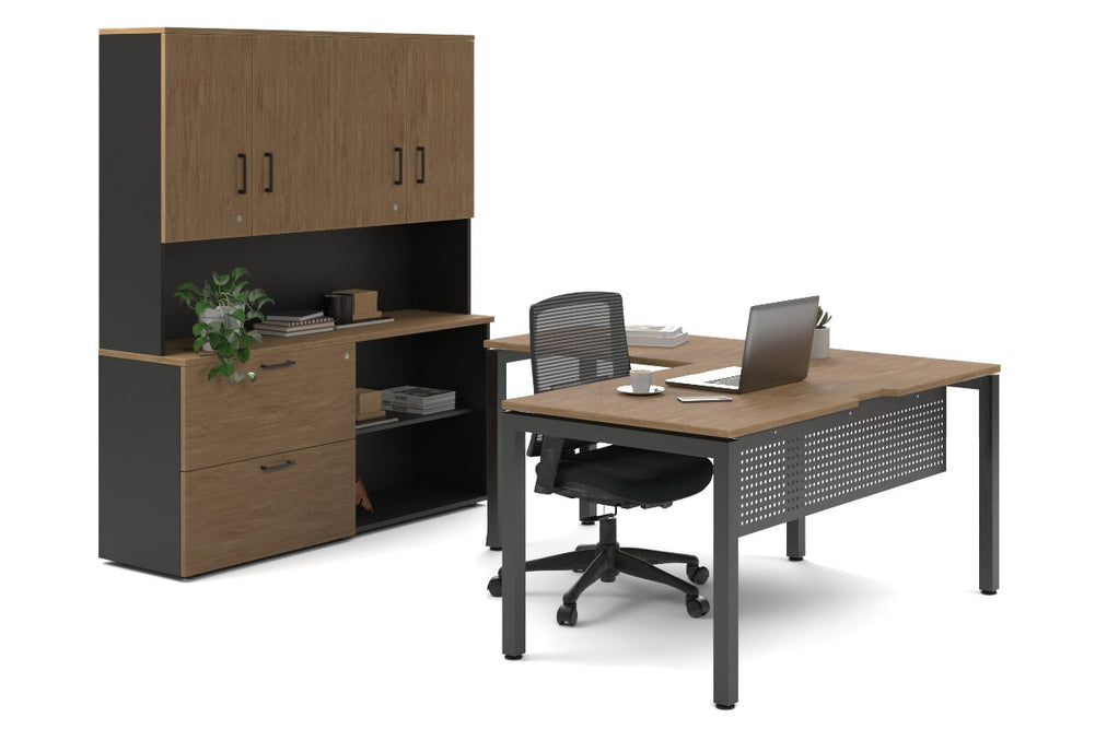 Quadro Square Legs L-Shaped Executive Setting - Black Legs [1600L x 1700W]-salvage oak lateral 2 drawer + open bookcase closed hutch