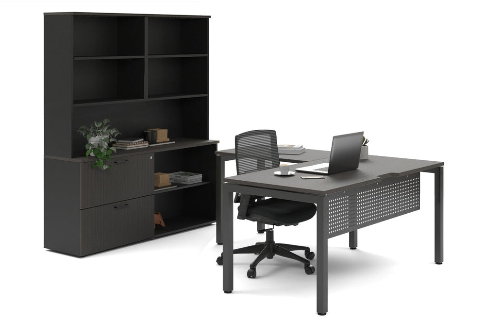 Quadro Square Legs L-Shaped Executive Setting - Black Legs [1600L x 1800W with Cable Scallop]-dark oak lateral 2 drawer + open bookcase open hutch