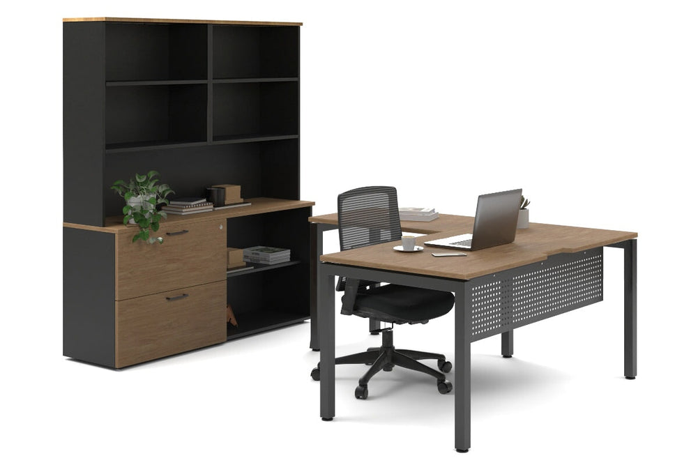 Quadro Square Legs L-Shaped Executive Setting - Black Legs [1600L x 1700W]-salvage oak lateral 2 drawer + open bookcase open hutch
