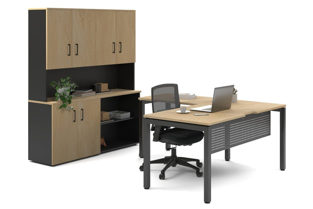 Quadro Square Legs L-Shaped Executive Setting - Black Legs [1600L x 1700W]-maple uniform 2 door + open bookcase closed hutch