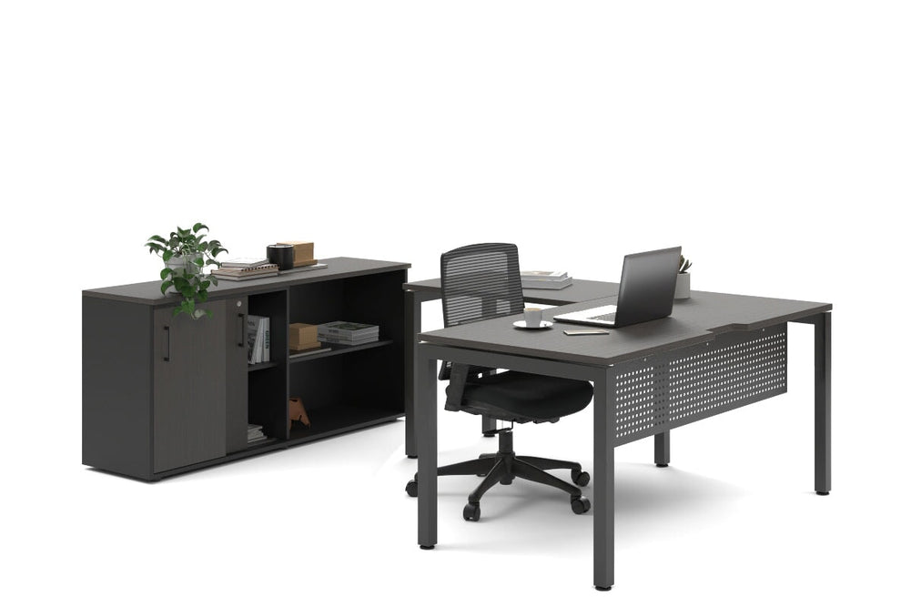 Quadro Square Legs L-Shaped Executive Setting - Black Legs [1800L x 1700W]-dark oak sliding 2 door + open bookcase none