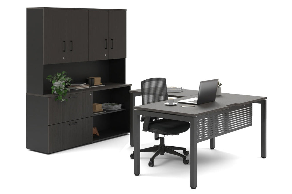 Quadro Square Legs L-Shaped Executive Setting - Black Legs [1800L x 1700W]-dark oak lateral 2 drawer + open bookcase closed hutch