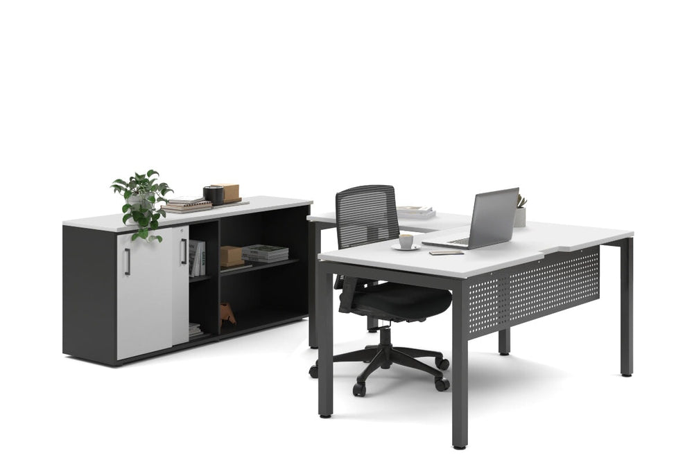 Quadro Square Legs L-Shaped Executive Setting - Black Legs [1800L x 1700W]-white sliding 2 door + open bookcase none