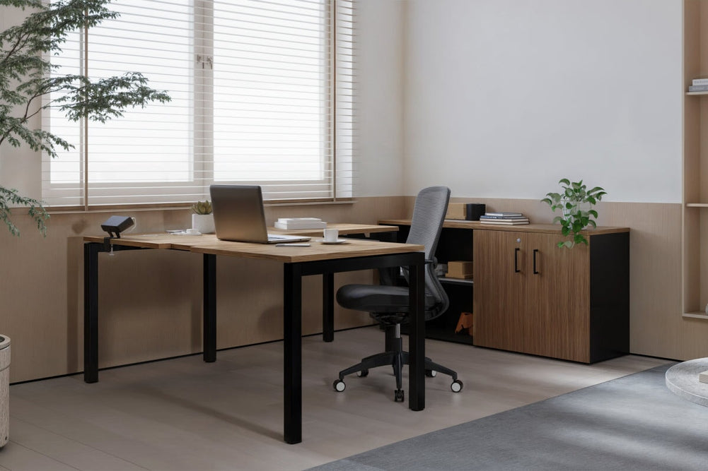 Quadro Square Legs L-Shaped Executive Setting - Black Legs [1600L x 1700W]-dark oak sliding 2 door + open bookcase closed hutch