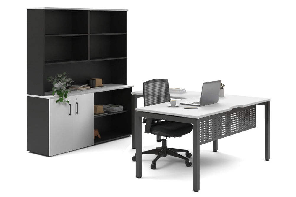 Quadro Square Legs L-Shaped Executive Setting - Black Legs [1800L x 1800W with Cable Scallop]-white uniform 2 door + open bookcase open hutch