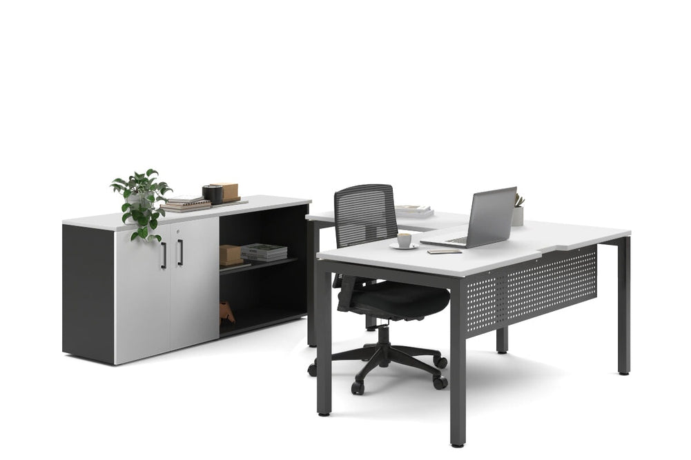 Quadro Square Legs L-Shaped Executive Setting - Black Legs [1800L x 1800W with Cable Scallop]-white uniform 2 door + open bookcase none