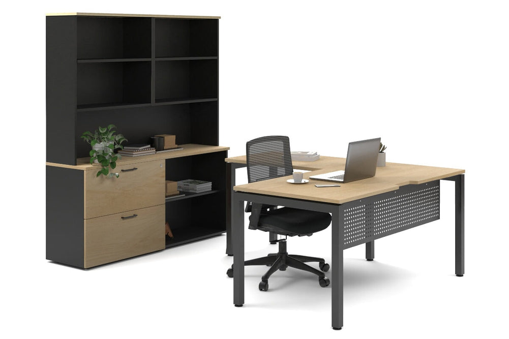 Quadro Square Legs L-Shaped Executive Setting - Black Legs [1600L x 1700W]-maple lateral 2 drawer + open bookcase open hutch