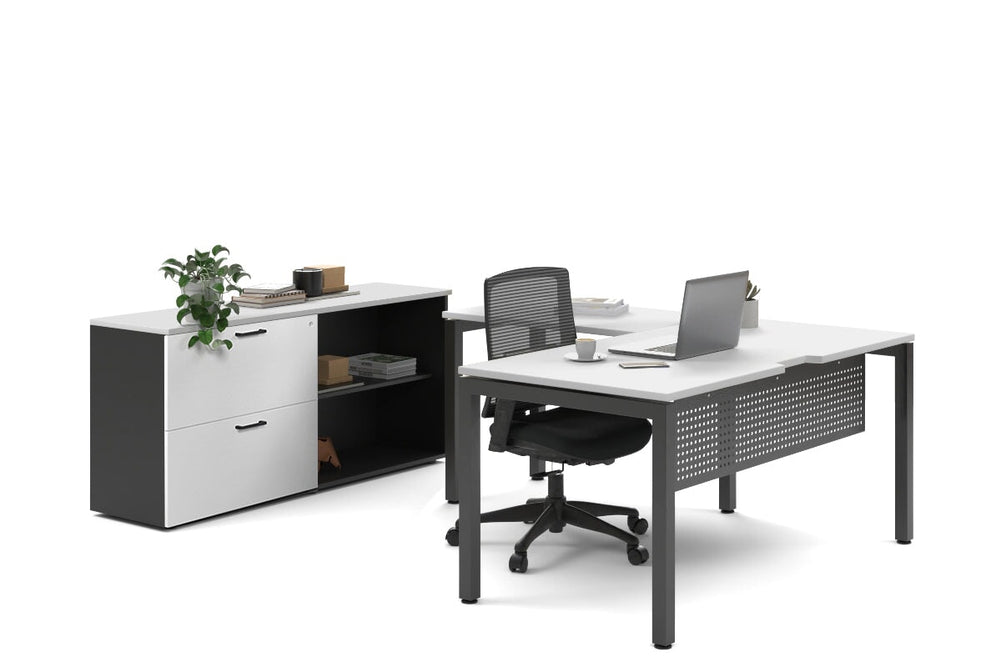 Quadro Square Legs L-Shaped Executive Setting - Black Legs [1800L x 1800W with Cable Scallop]-white lateral 2 drawer + open bookcase none