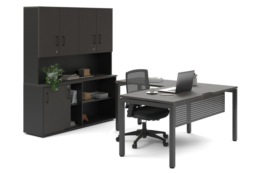 Quadro Square Legs L-Shaped Executive Setting - Black Legs [1800L x 1800W with Cable Scallop]-dark oak sliding 2 door + open bookcase closed hutch