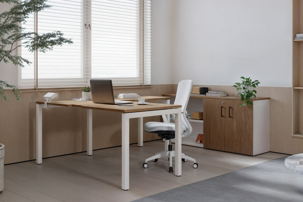 Quadro Square Legs L-Shaped Executive Setting - White Legs [1600L x 1800W with Cable Scallop]-dark oak sliding 2 door + open bookcase closed hutch