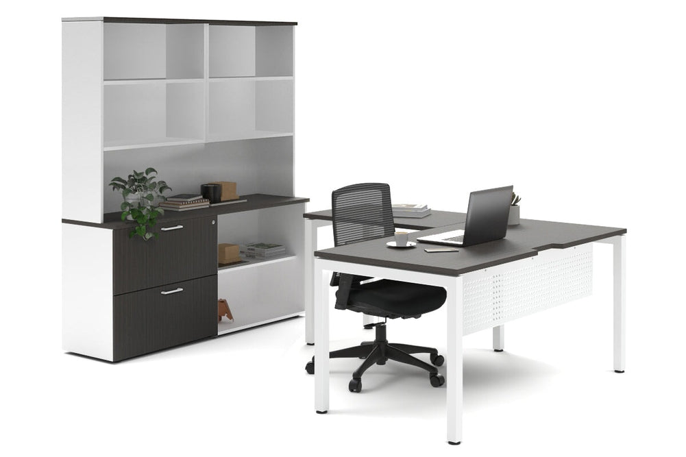 Quadro Square Legs L-Shaped Executive Setting - White Legs [1600L x 1800W with Cable Scallop]-dark oak lateral 2 drawer + open bookcase open hutch