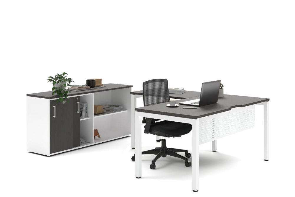 Quadro Square Legs L-Shaped Executive Setting - White Legs [1600L x 1800W with Cable Scallop]-dark oak sliding 2 door + open bookcase none